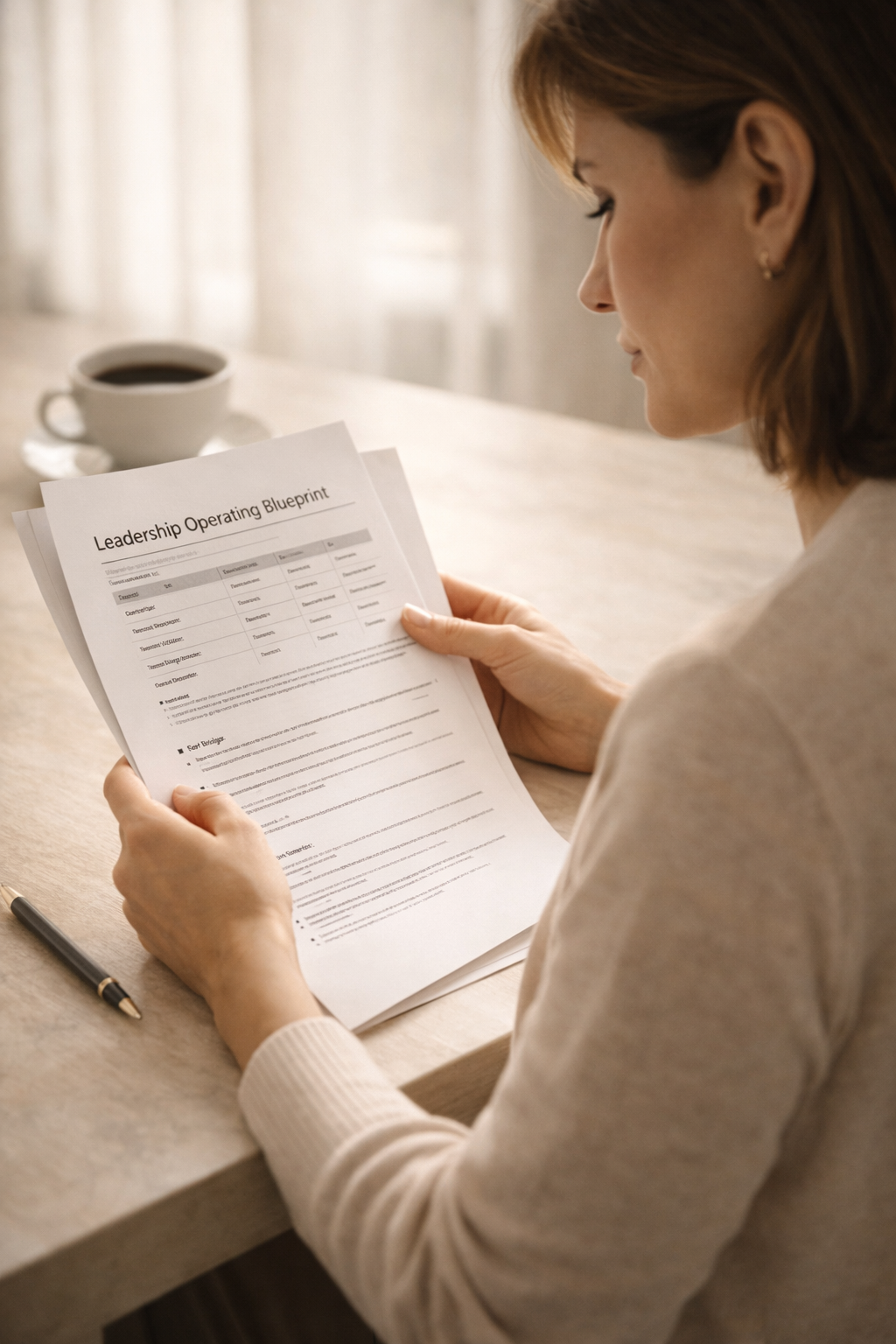 Senior woman reading her Leadership Operating Blueprint — the written diagnostic output produced by ARYS for high-stakes career decisions