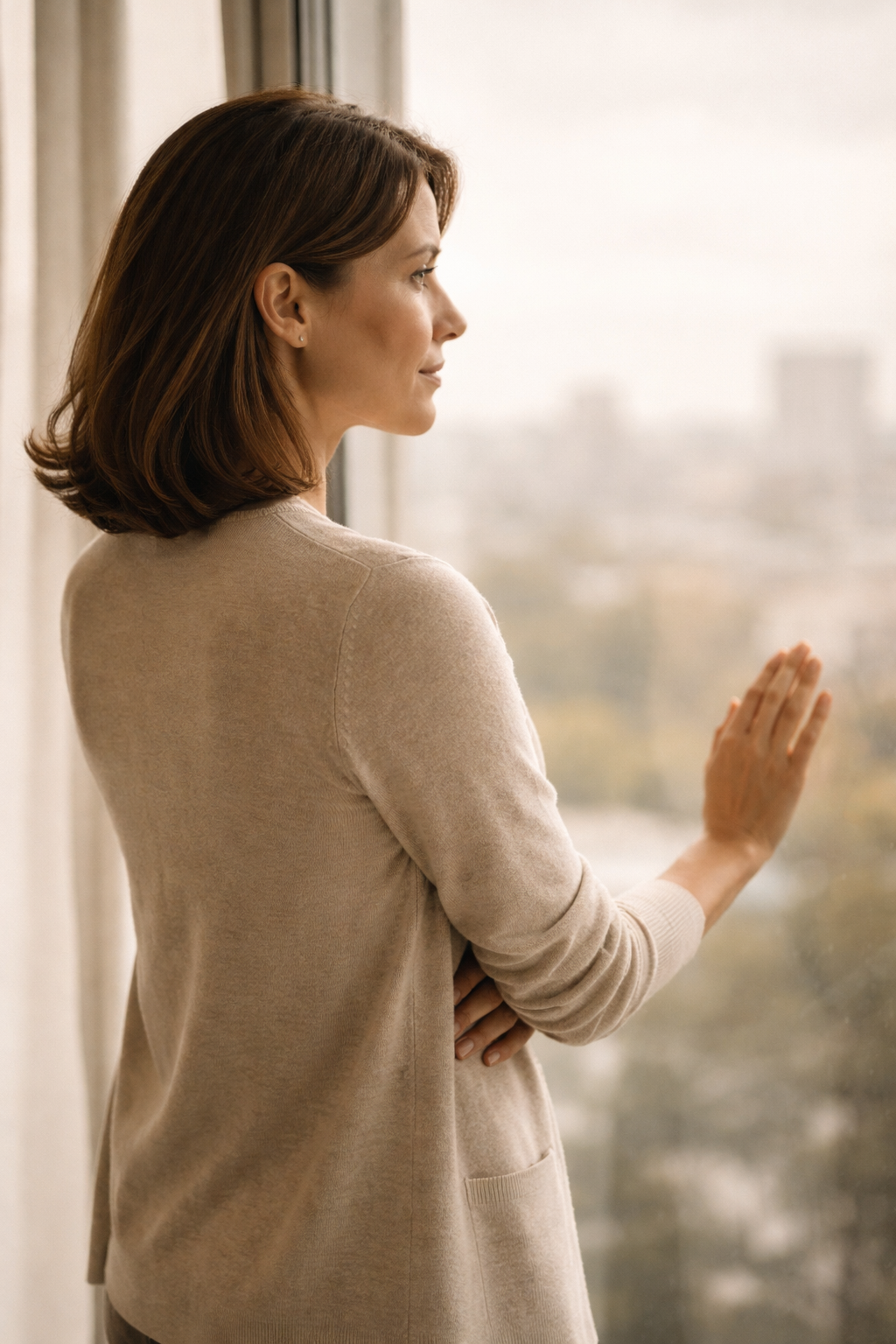 Senior woman leader standing at a high-rise window in quiet reflection — representing the career decision moment addressed by ARYS Career Strategy Diagnostics