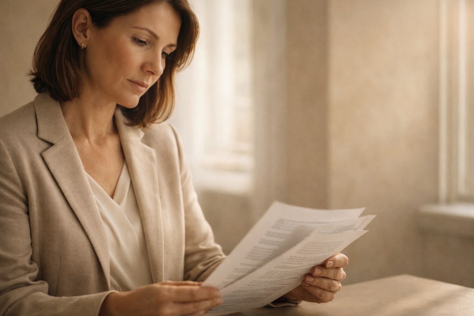 Senior woman leader reviewing a printed Leadership Operating Blueprint — ARYS Career Strategy Diagnostic, Switzerland