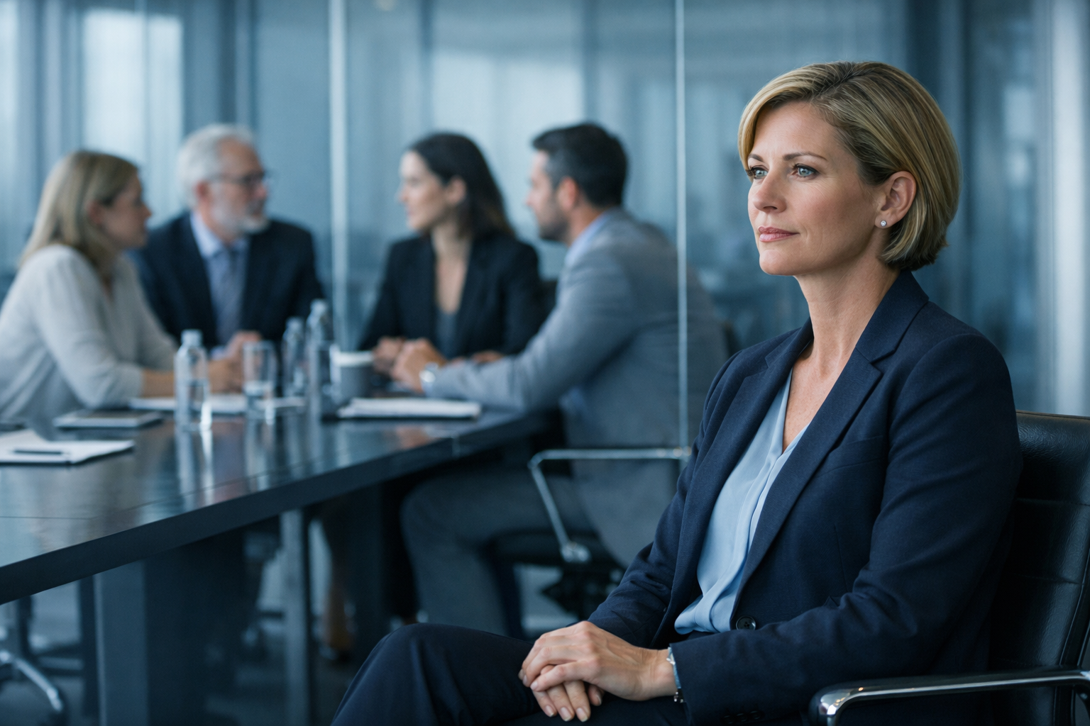 Senior woman leader observing a corporate meeting from the periphery — ARYS Insights on strategic visibility and career progression, Switzerland