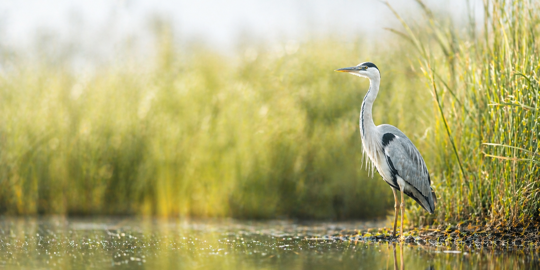 Heron standing still at water's edge — strategic visibility and career decisions for senior women leaders, ARYS Switzerland