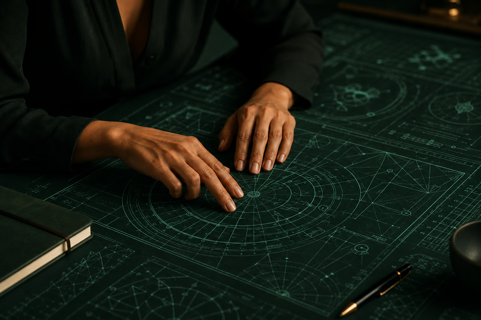 A woman's hands trace a precise geometric framework — the Leadership Operating Blueprint by Dr. Rodica Zerguine, ARYS Executive Partners